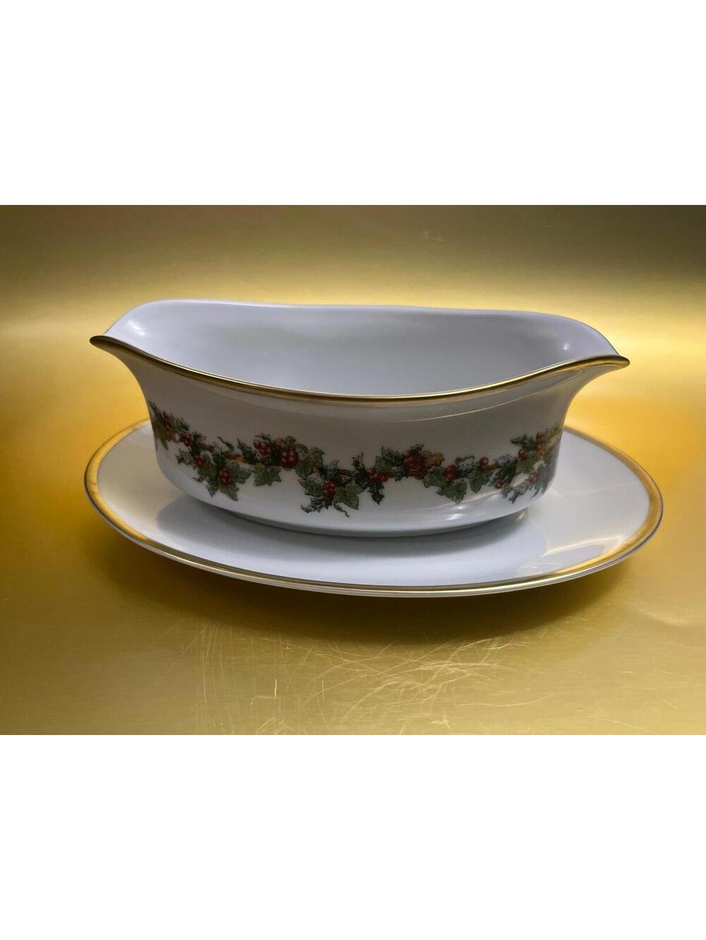 Noritake Holiday Gold Gravy Boat with Attached Underplate